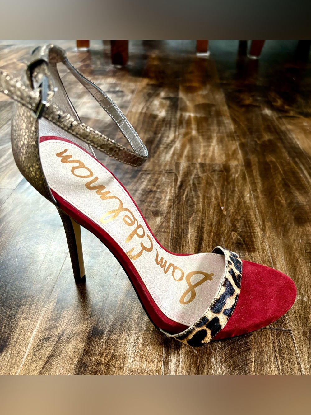 Sam Edelman Red Suede Leopard-Trim Ankle-Strap Heel